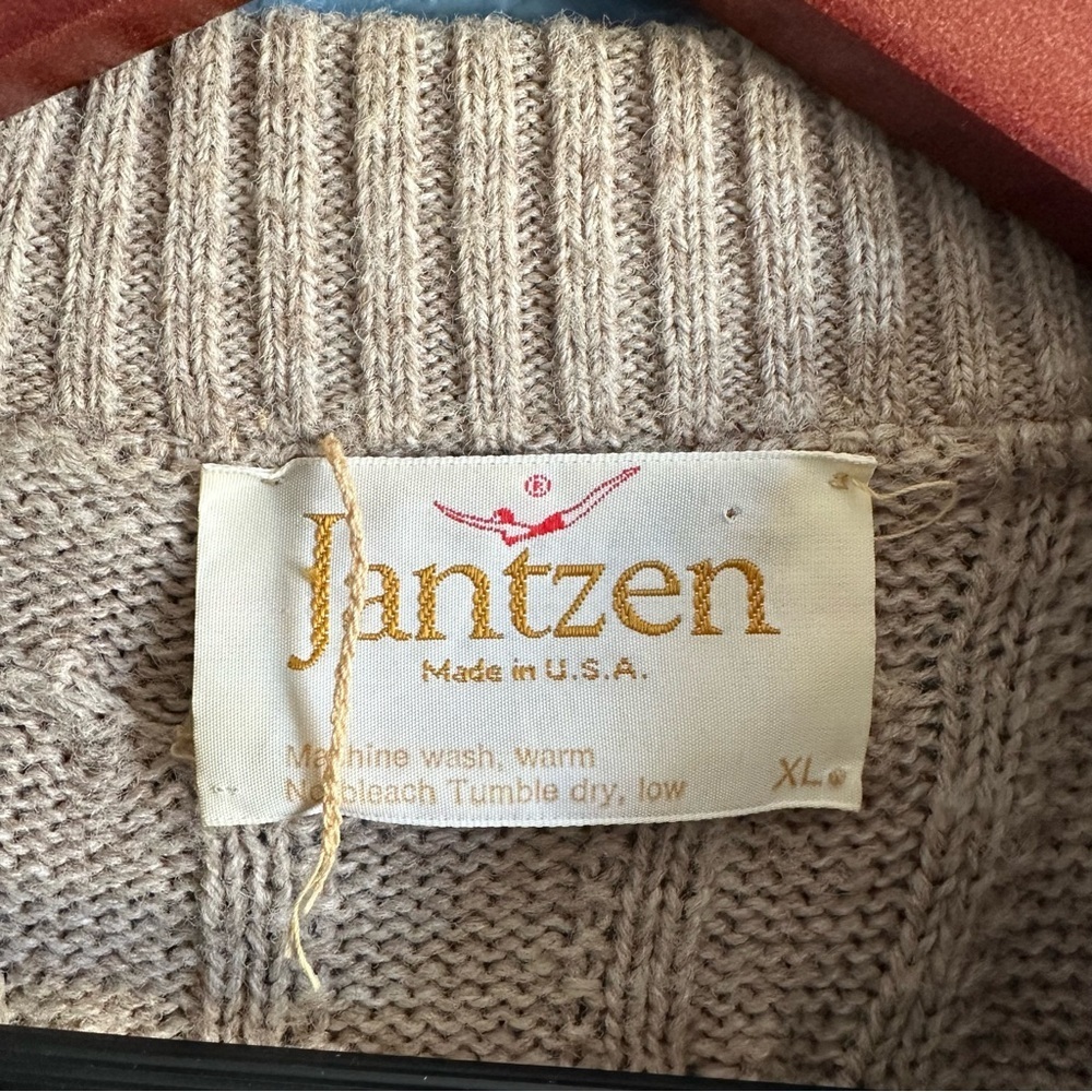 Jantzen Vintage Fair Isle Cable Knit Sweater USA Made Beige Brown Mens XL - Picture 5 of 11